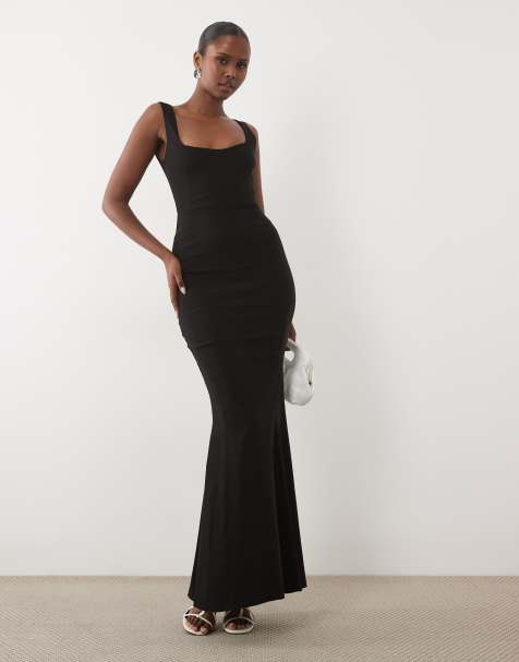 Vesper bengaline square neck fishtail maxi dress in black