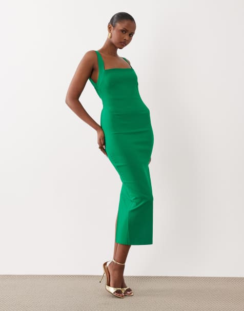 Vesper bengaline square neck open back midaxi dress in emerald - view 1