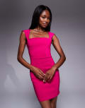 [Vesper] Vesper bengaline square neck open back mini dress in fuchsia-Pink 6 Fuschia