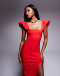 [Vesper] Vesper bengaline square neck ruffle sleeve side split midaxi dress in red 6 RED