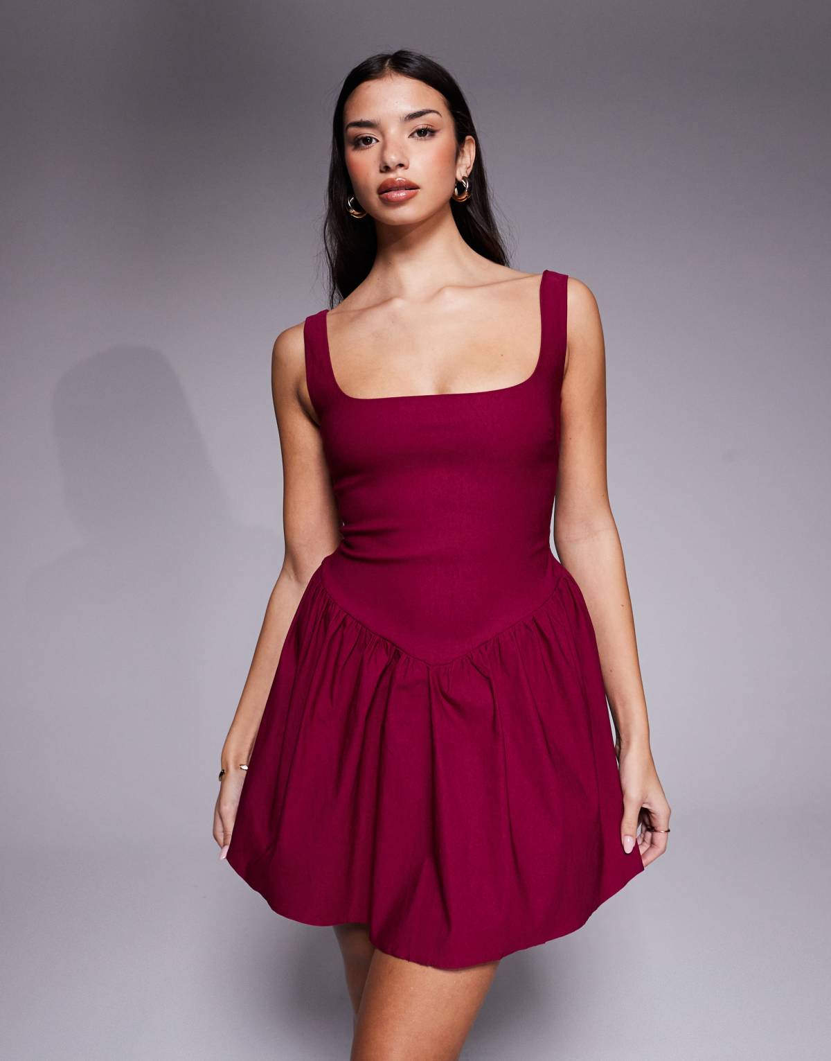Vesper bengaline square neck skater mini dress in berry
