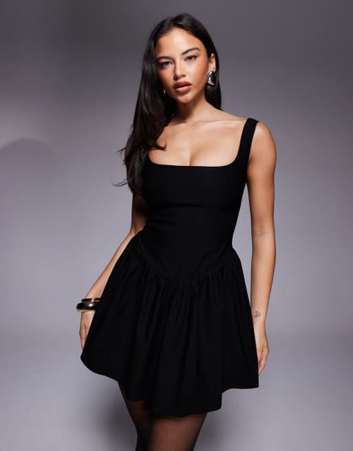 Vesper bengaline square neck skater mini dress in black