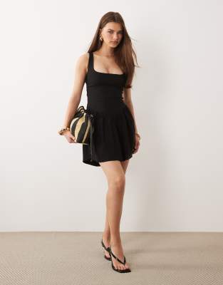 Vesper Bengaline Square Neck Skater Mini Dress In Black