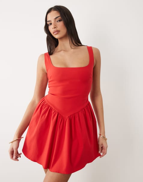 Vesper bengaline square neck skater mini dress in red - view 1