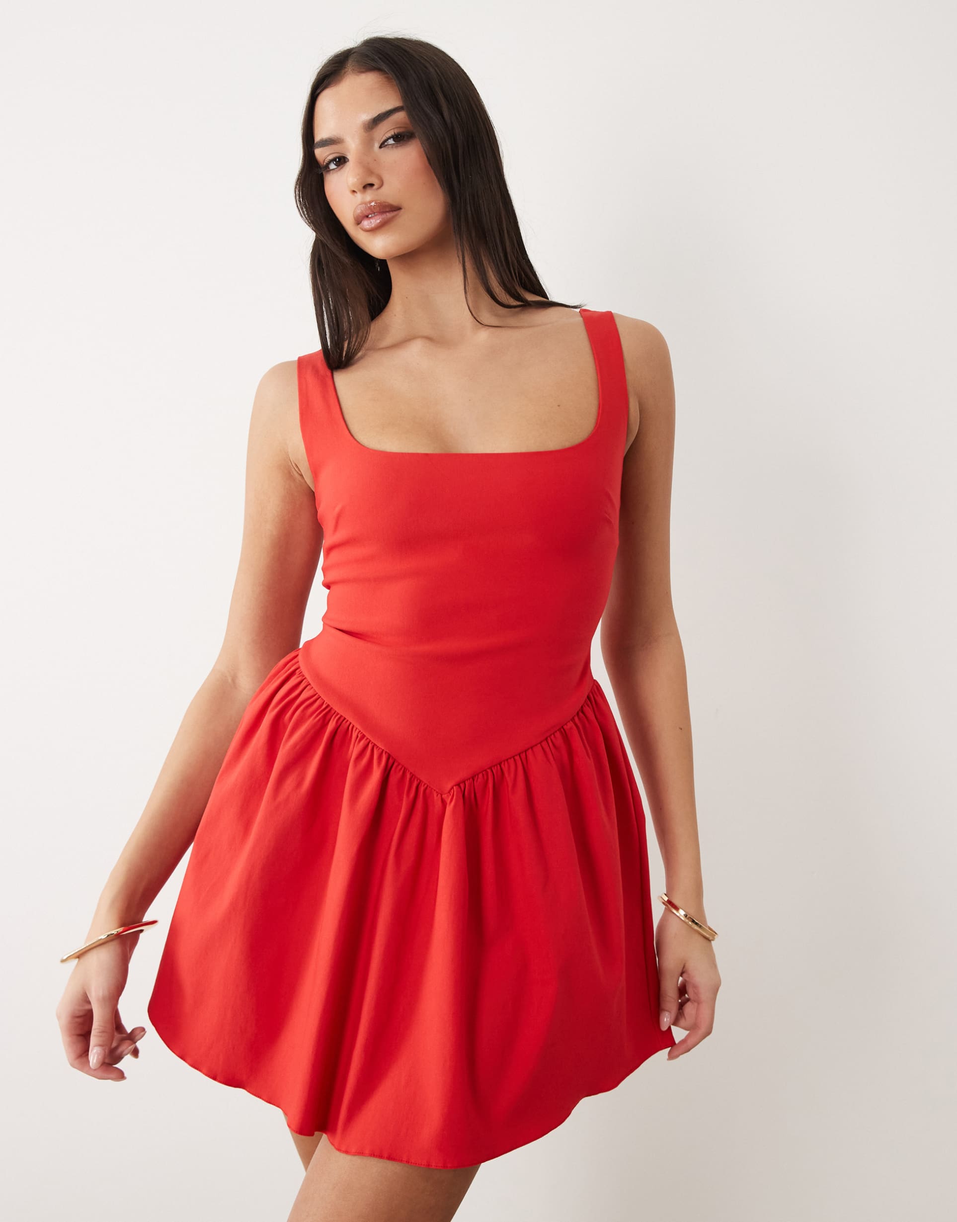 vesper bengaline square neck skater mini dress in red