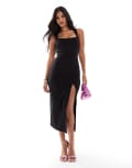 [Vesper] Vesper bengaline square neck thick strap thigh split midaxi dress in black 10 BLACK