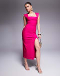 [Vesper] Vesper bengaline square neck thigh split midi dress in cerise-Pink 14 PINK