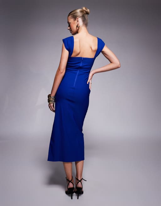 Vesper bengaline square neck thigh split midi dress in cobalt, 3 of 4