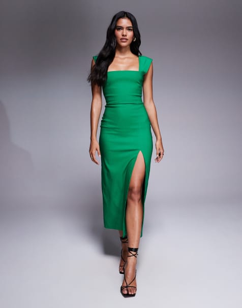 Vesper bengaline square neck thigh split midi dress in emerald - view 1