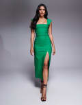 [Vesper] Vesper bengaline square neck thigh split midi dress in emerald-Green 6 GREEN