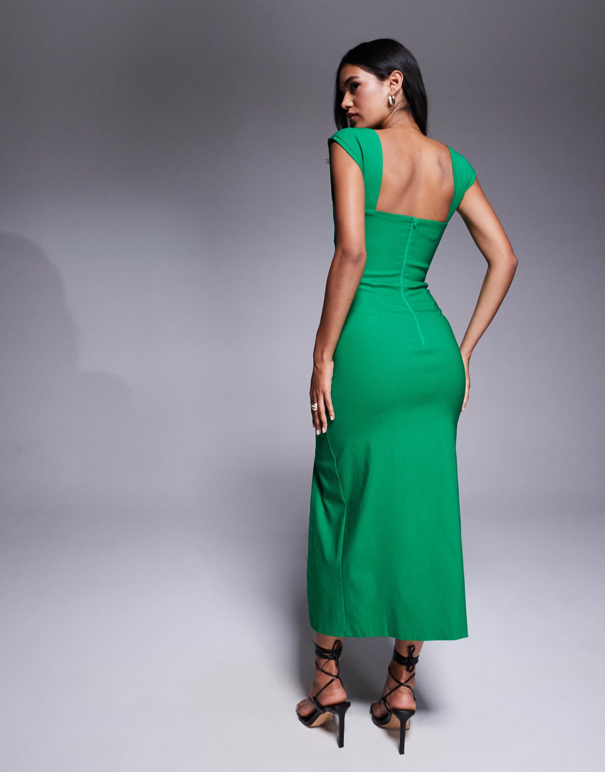 vesper bengaline square neck thigh split midi dress in emerald