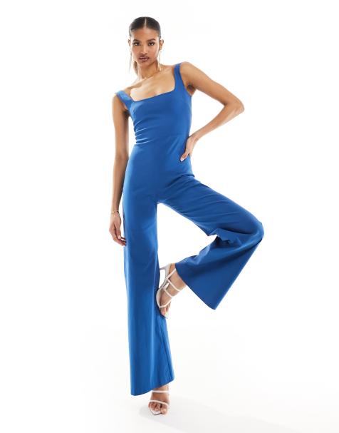 Vesper bengaline square neck wide leg jumpsuit in blue - view 1
