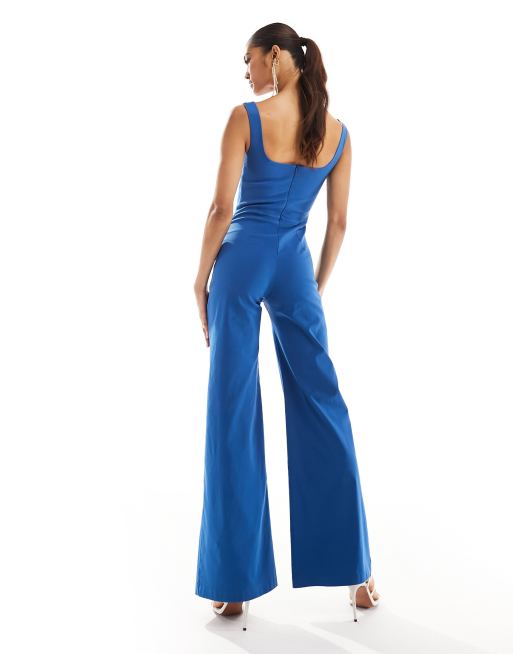 Vesper bengaline square neck wide leg jumpsuit in blue, 4 of 4