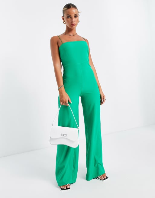 Vesper bengaline square neck wide leg jumpsuit in green