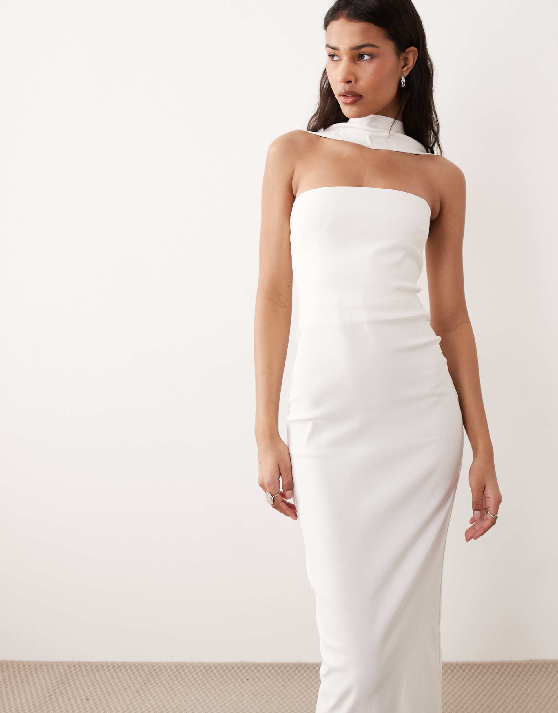 vesper bengaline strapless maxi dress with choker and back button detailing in white