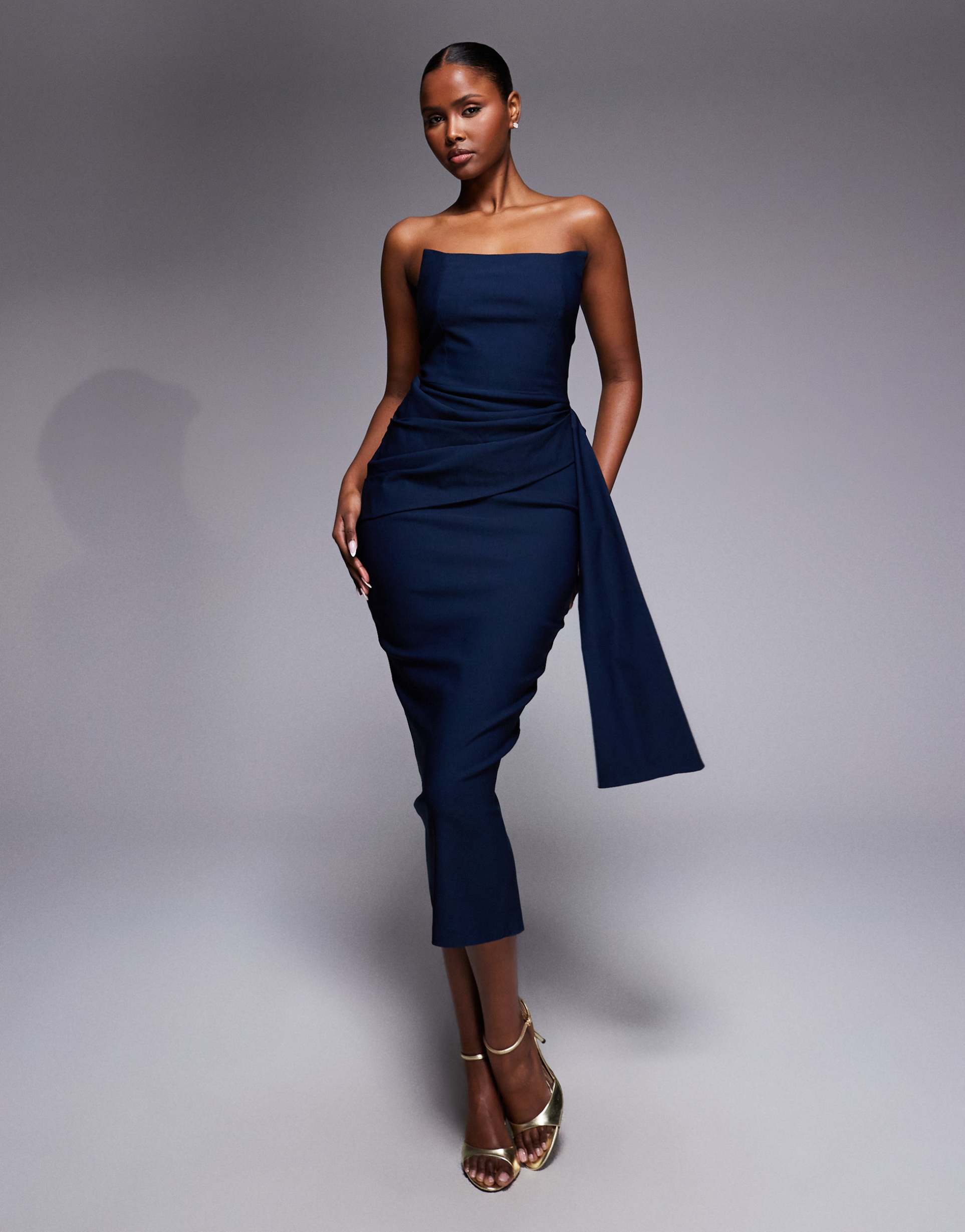 vesper bengaline strapless square edge draped front midi dress in navy