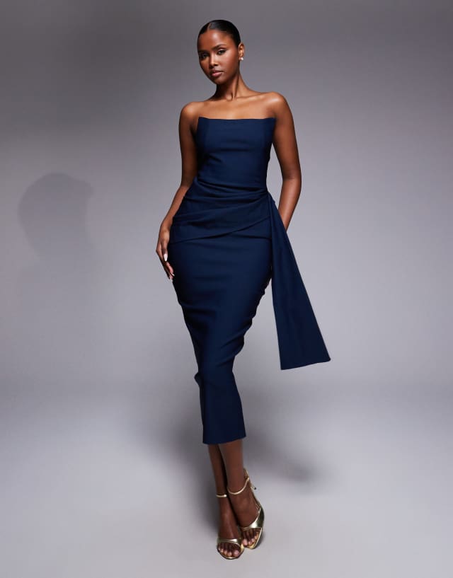 blue strapless midi dress Vesper bengaline square edge draped front in navy Size:4 Youth
