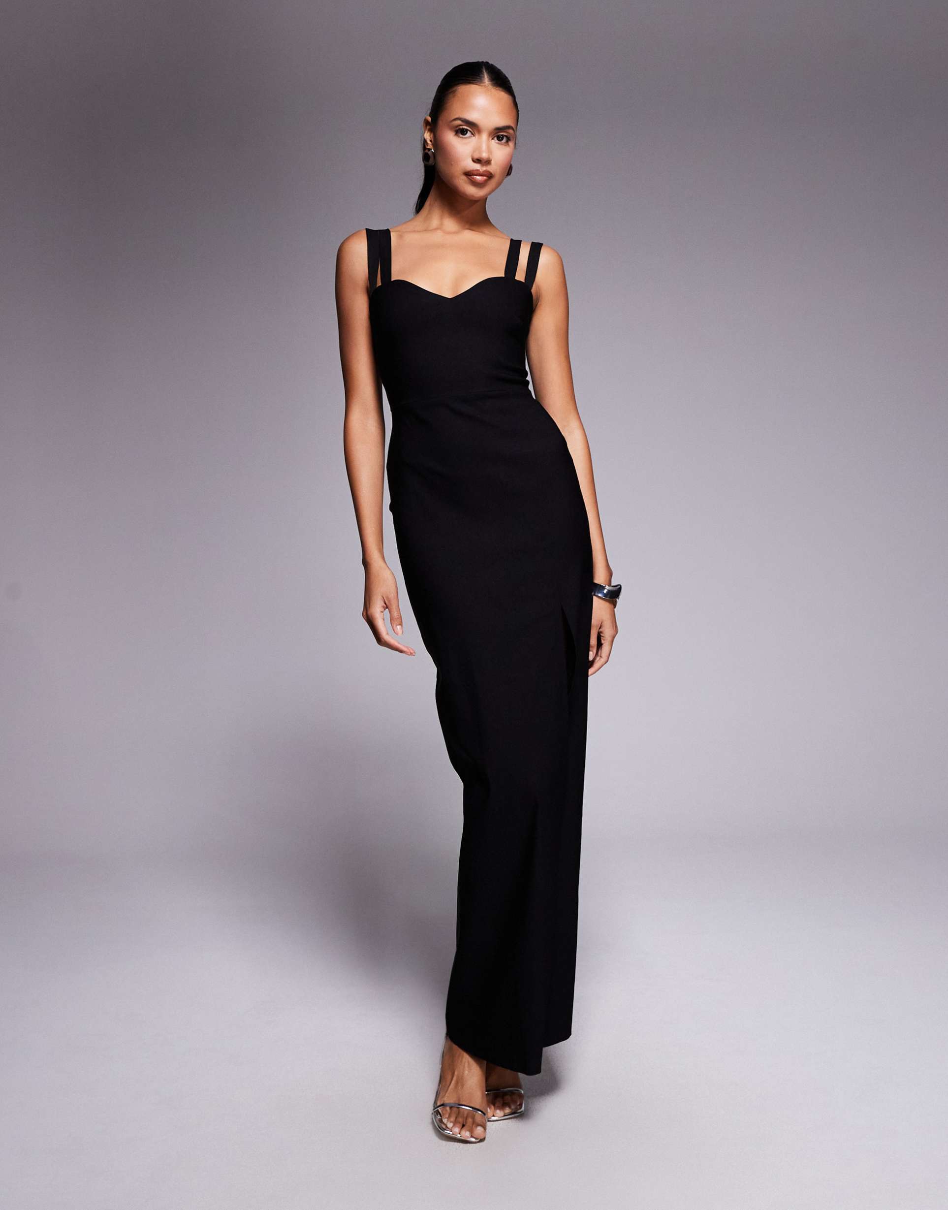 vesper bengaline strappy sweetheart neck maxi dress in black
