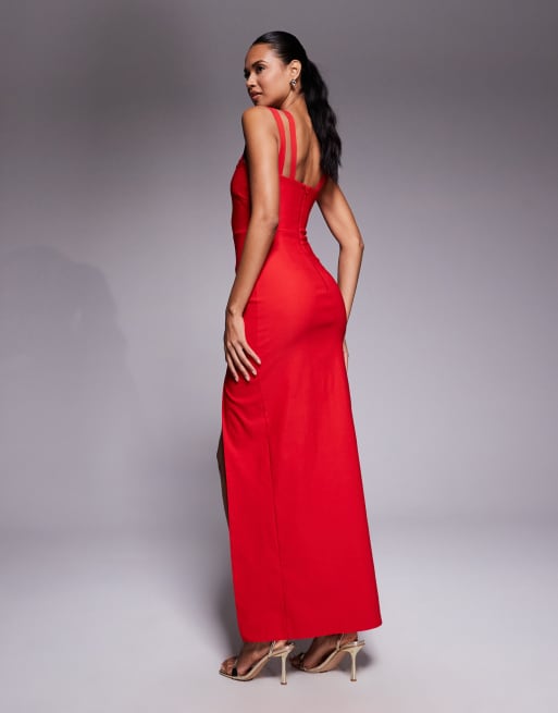 Vesper bengaline strappy sweetheart neck maxi dress in red