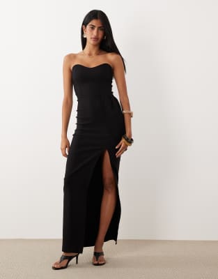 Vesper Bengaline Sweetheart Bandeau Thigh Split Maxi Dress In Black