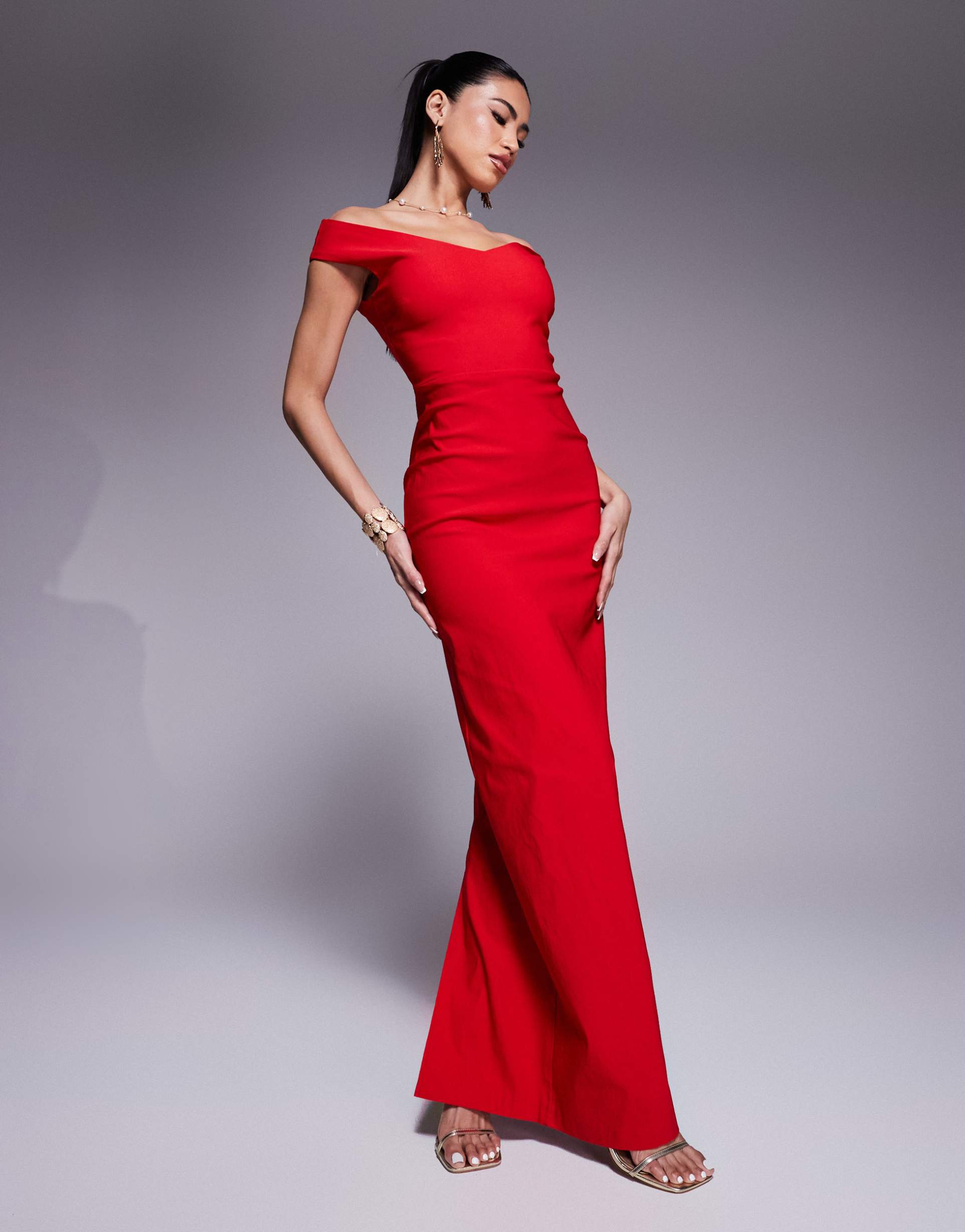 vesper bengaline sweetheart neckline off the shoulder maxi dress in red