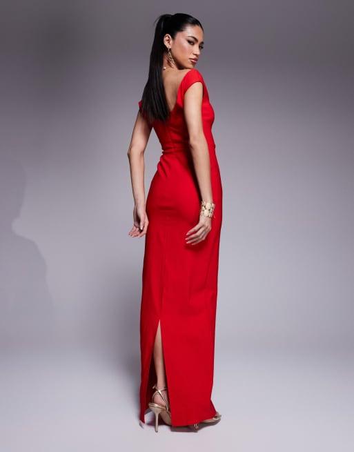Vesper bengaline sweetheart neckline off the shoulder maxi