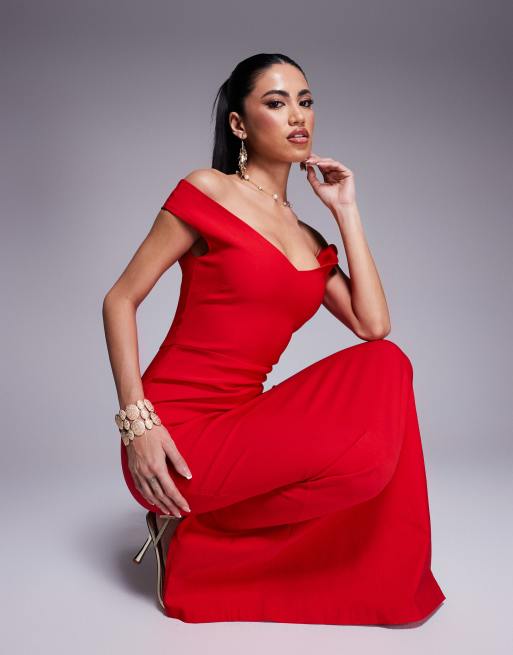 Vesper sweetheart neckline off the shoulder maxi dress in red