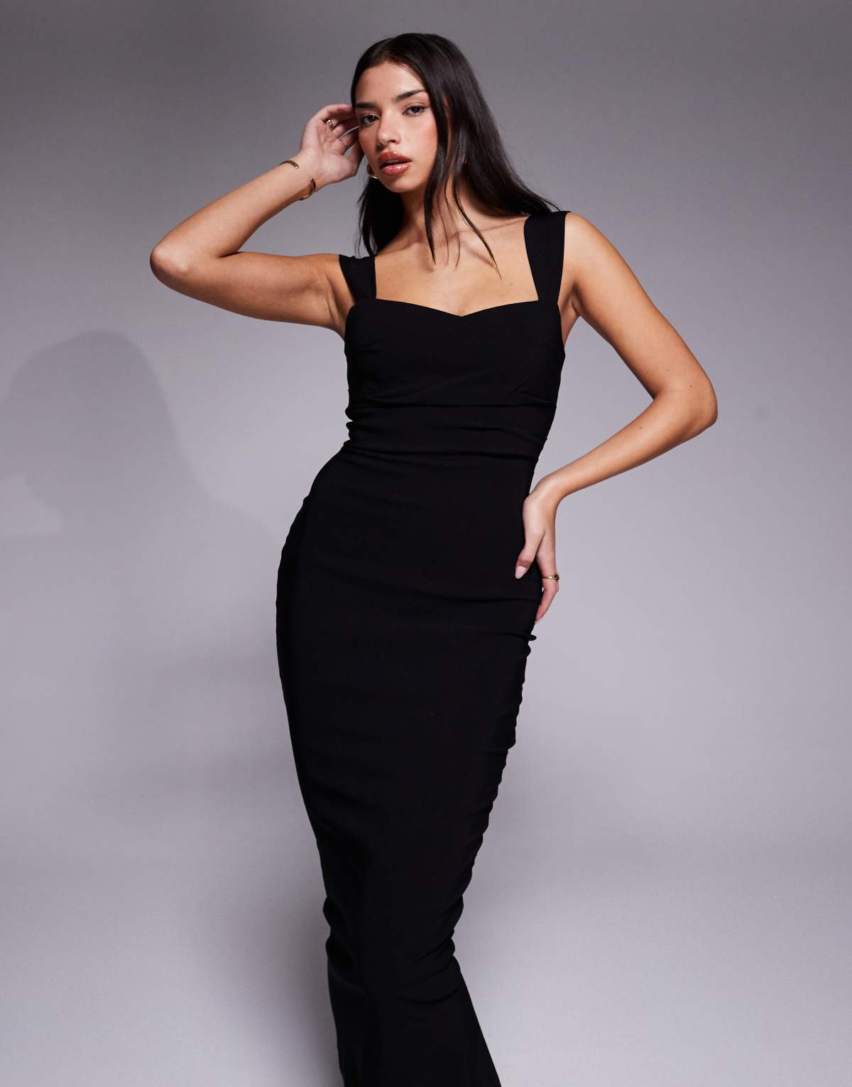 Vesper bengaline sweetheart neckline ruched front midaxi dress in black