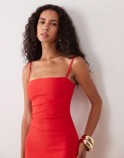 Vesper bengaline thin strap square neck maxi dress in red, 2 of 4