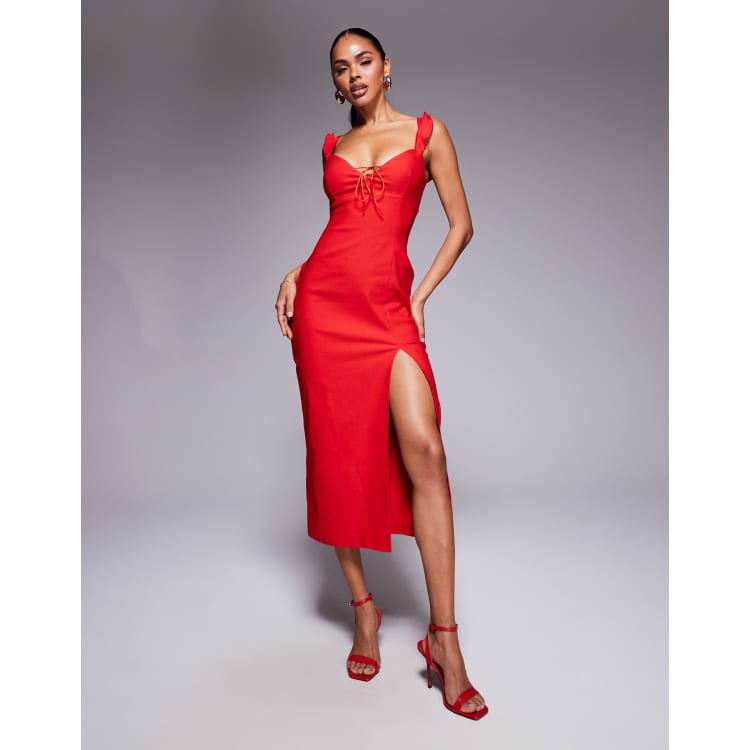Vesper bengaline tie detail frill shoulder thigh split