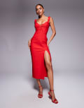 [Vesper] Vesper bengaline tie detail frill shoulder thigh split midaxi dress in red 10 RED