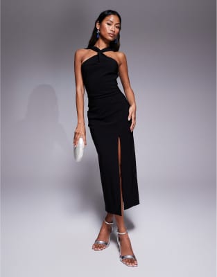 Vesper Bengaline Twist Front Halter Neck Side Slit Midaxi Dress In Black