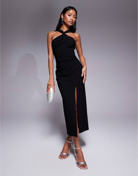 Vesper bengaline twist front halter neck side slit midaxi dress in black - view 1
