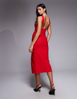 Vesper Bengaline Twist Front Halter Neck Side Split Midaxi Dress In Red