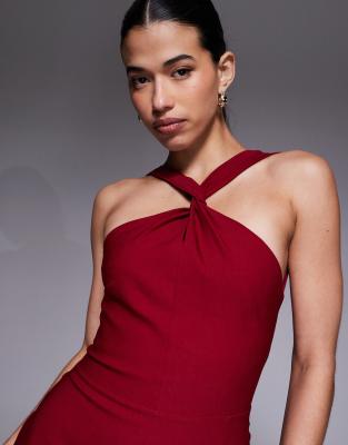Vesper Bengaline Twist Front Halter Neck Side Split Midaxi Dress In Black
