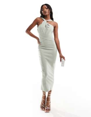 bengaline twist halterneck zip back midi dress in olive-Green