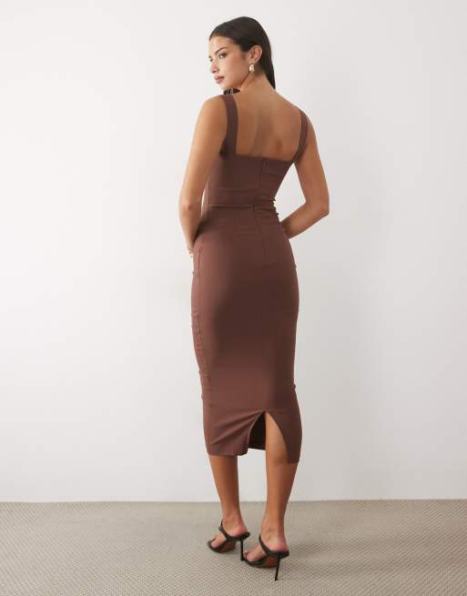 Vesper bengaline v-neck midaxi dress in chocolate, 4 of 4