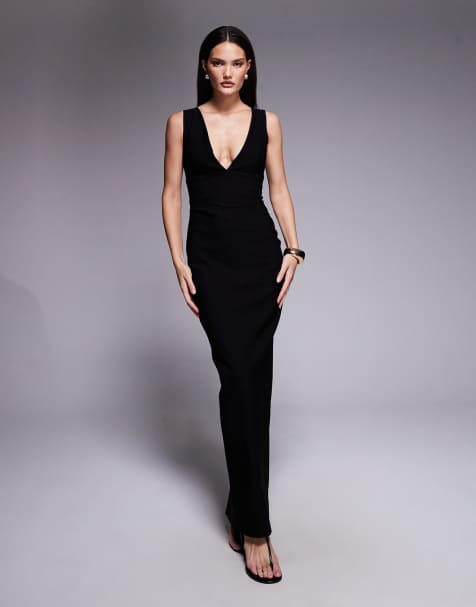 Vesper bengaline V-neck plunge maxi dress in black - view 1