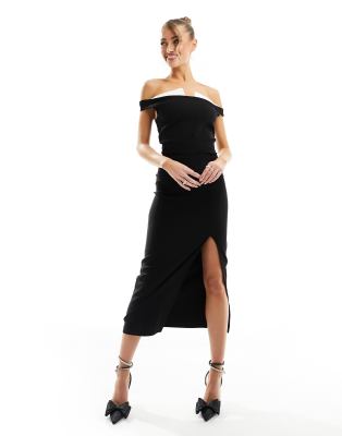 bengaline zip back detail midi dress in monochrome-Black