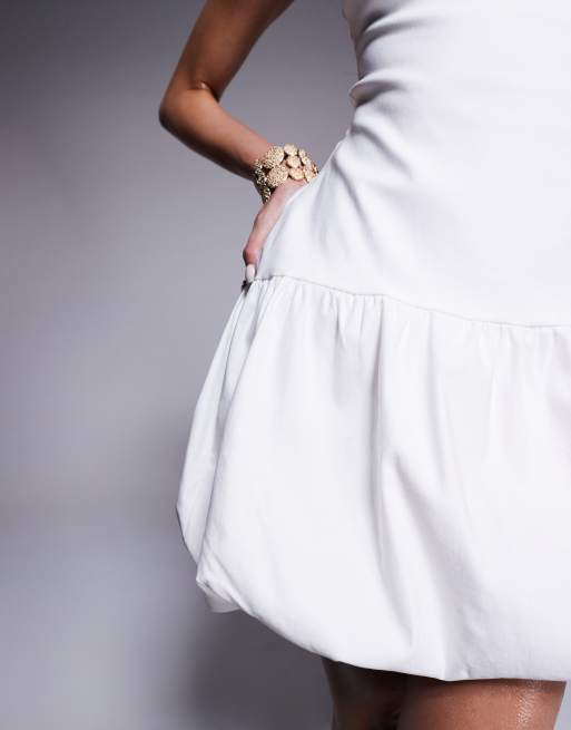Vesper – Biała sukienka mini z bengaliny z dekoltem bandeau i bufiastym dołem, 2 z 4