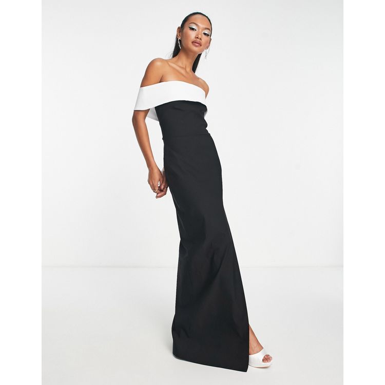 Vesper – Biało-czarna sukienka maxi z dekoltem bardot i kontrastową wstawką  | ASOS