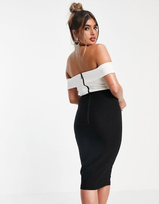Vesper – Biało-czarna sukienka midi z dekoltem bardot | ASOS