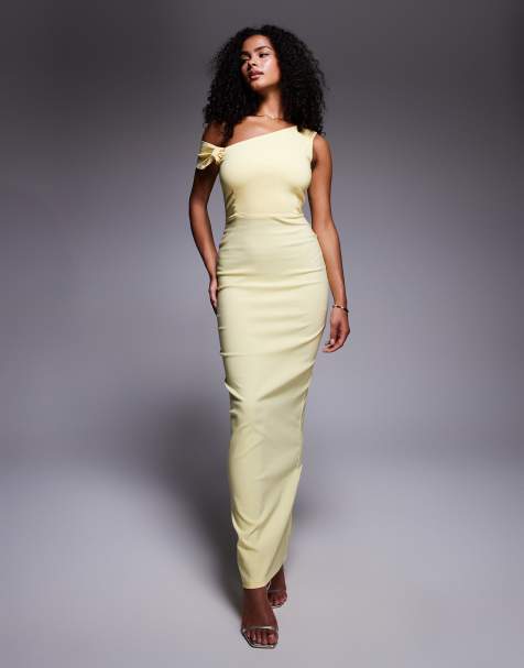 Vesper – Bodycon-Kleid in Maxilänge aus Bengaline in Gelb mit Knotendetail und One-Shoulder-Träger - view 1