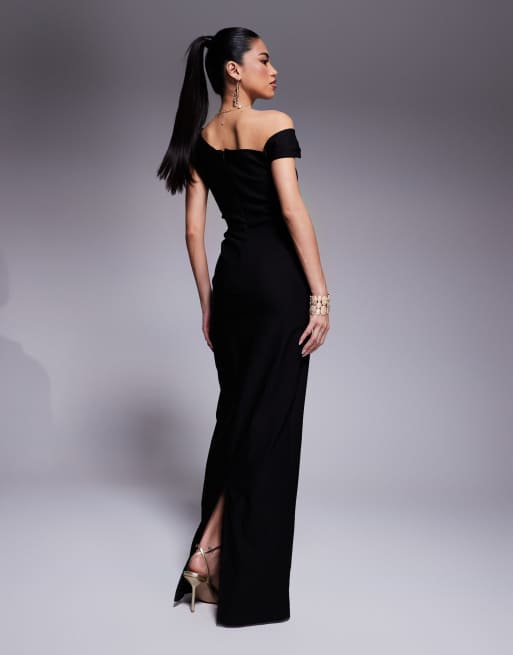 Vesper – Bodycon-Kleid in Maxilänge aus Bengaline in Schwarz mit Knotendetail und One-Shoulder-Träger, 4 von 4