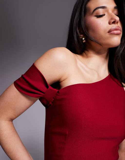 Vesper – Bodycon-Kleid in Maxilänge aus Bengaline in Weinrot mit Knotendetail und One-Shoulder-Träger, 2 von 4