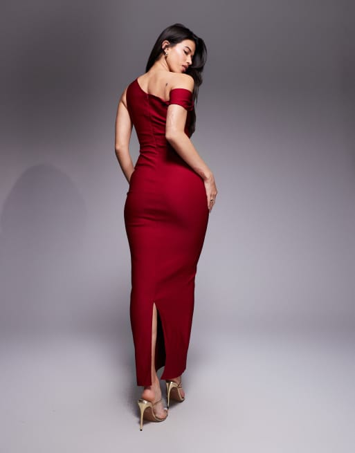 Vesper – Bodycon-Kleid in Maxilänge aus Bengaline in Weinrot mit Knotendetail und One-Shoulder-Träger, 3 von 4