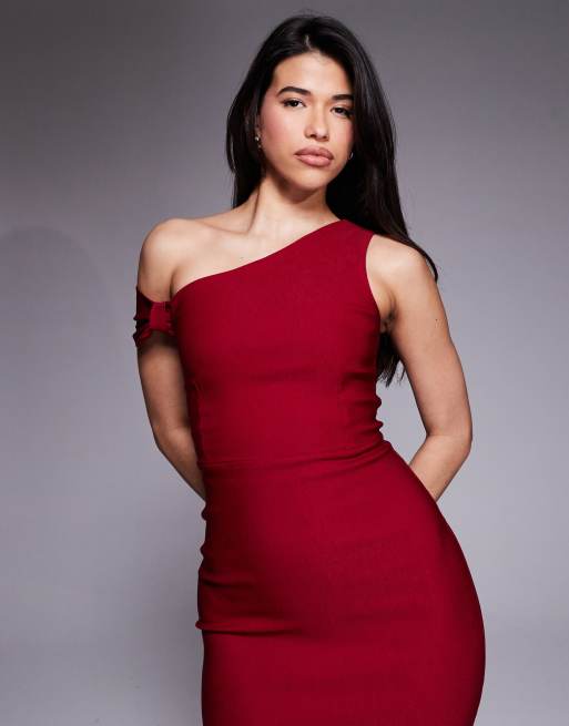 Vesper – Bodycon-Kleid in Maxilänge aus Bengaline in Weinrot mit Knotendetail und One-Shoulder-Träger, 4 von 4