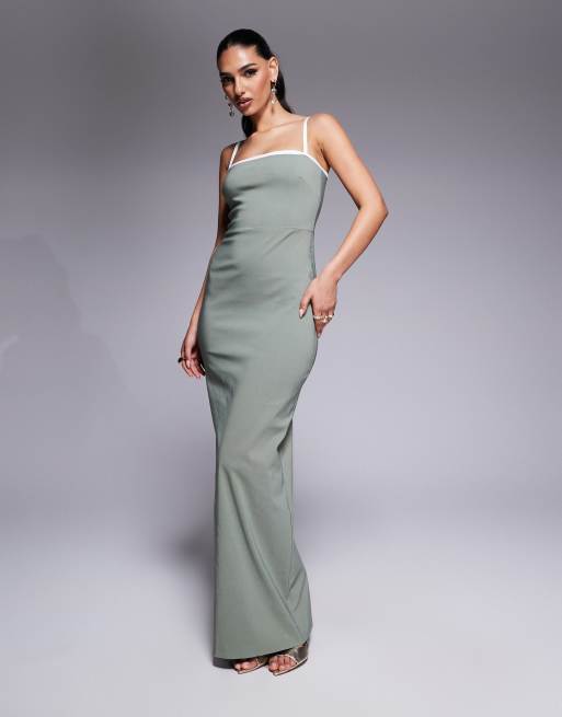 Vesper – Bodycon-Maxikleid in Salbeigrün mit eckigem Ausschnitt und kontrastierender Paspelierung