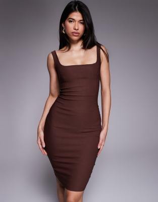 Vesper - Bodycon-Midikleid aus Bengaline in Schokobraun mit eckigem Ausschnitt-Brown