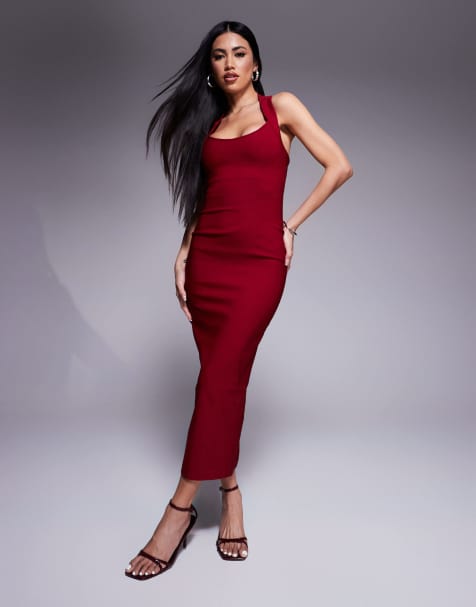 Vesper bengaline scoop neck halterneck bodycon midaxi dress in burgundy